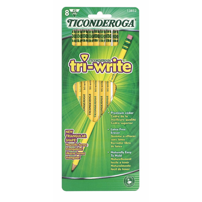 Dixon Ticonderoga Tri-Write Triangular Standard Size #2 Pencils, Set of 8, Yellow (13852)