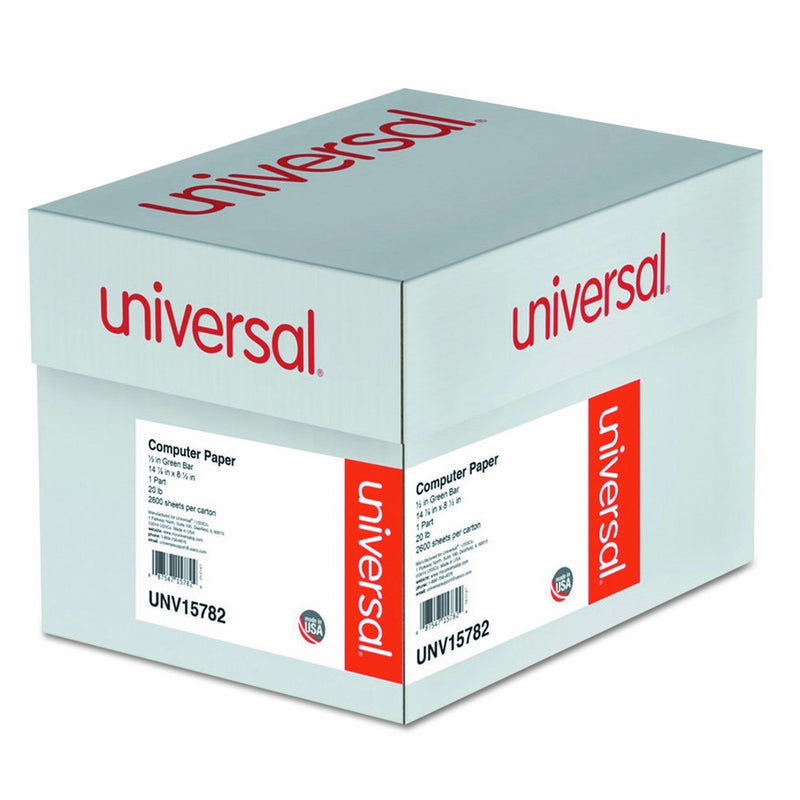 Universal 15782 Green Bar Computer Paper, 20lb, 14-7/8 x 8-1/2, Perforated Margins, 2600 Sheets
