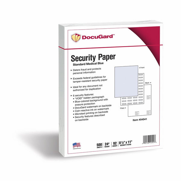 DocuGard Standard Medical Security Paper for Printing Prescriptions and Preventing Fraud, CMS Approved, 6 Security Features, Laser and Inkjet Safe, Blue, 8.5 x 11, 24 lb, 500 Sheets (04541)