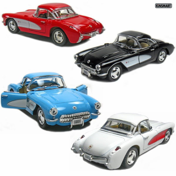 Set of 4: 5" 1957 Chevy Corvette 1:34 Scale (Black/Blue/Red/White) by Kinsmart