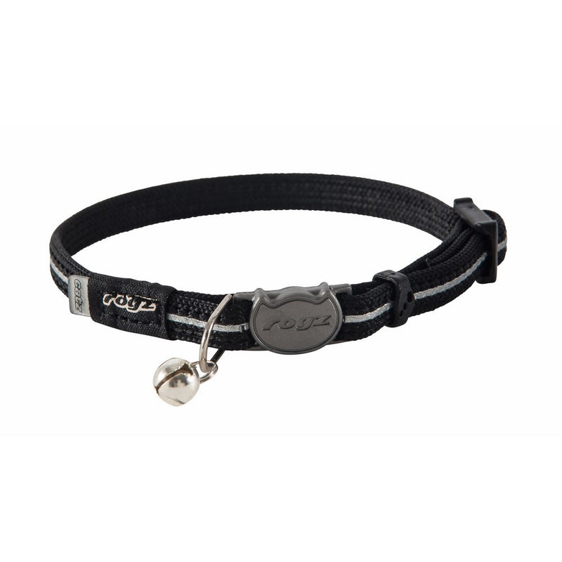Rogz Reflective Nylon Cat Collar with Breakaway Clip and Removable Bell, fully adjustable to fit most breeds, Black