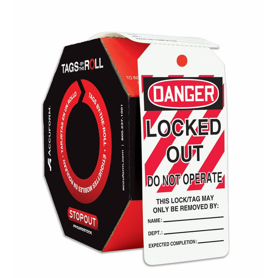 Accuform Signs TAR426 Tags By-The-Roll Lockout Tags, Legend DANGER LOCKED OUT DO NOT OPERATE, 6.25" Length x 3" Width x 0.010" Thickness, PF-Cardstock, Red/Black on White (Roll of 250)
