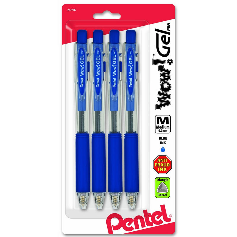 Pentel Wow! Gel Colors Retractable Gel Pen, 0.7mm, Medium Line, Blue Ink, 4 Pack (K437CRBP4C)