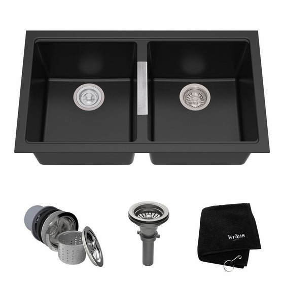 Kraus KGU-434B 33 inch Undermount 50/50 Double Bowl Black Onyx Granite Kitchen Sink
