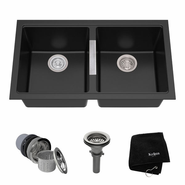 Kraus KGU-434B 33 inch Undermount 50/50 Double Bowl Black Onyx Granite Kitchen Sink