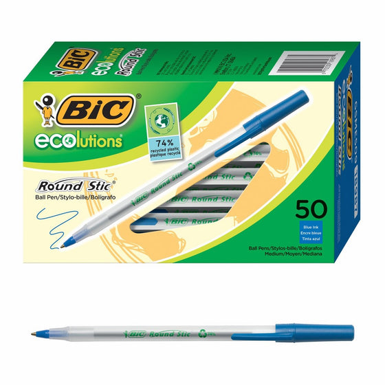 BIC Ecolutions Round Stic Ballpoint Pen, Medium Point (1.0mm), Blue, 50-Count