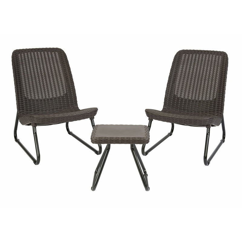 Keter Rio 3 Pc All Weather Outdoor Patio Garden Conversation Chair & Table Set Furniture, Brown