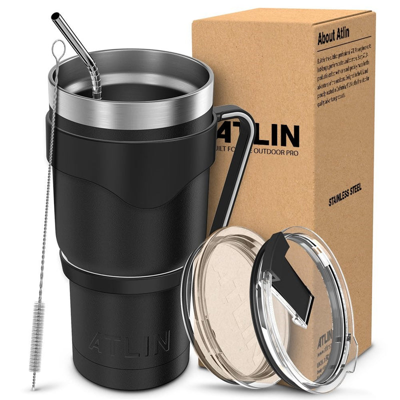 Atlin Tumbler [30 oz. Double Wall Stainless Steel Vacuum Insulation] - Black Travel Mug [Crystal Clear Lid] Water Coffee Cup [Straw Handle Included]For Home, Office, School, Ice Drink, Hot Beverage