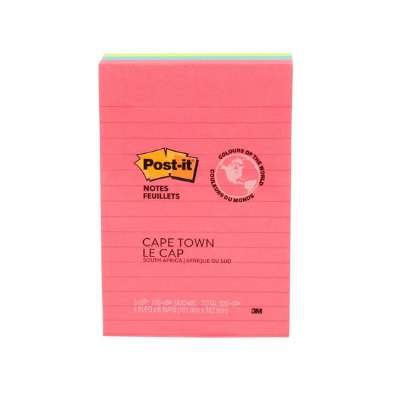 Post-it Notes, 4 in x 6 in, Cape Town Collection, Lined, 3 Pads/Pack (660-3AN)