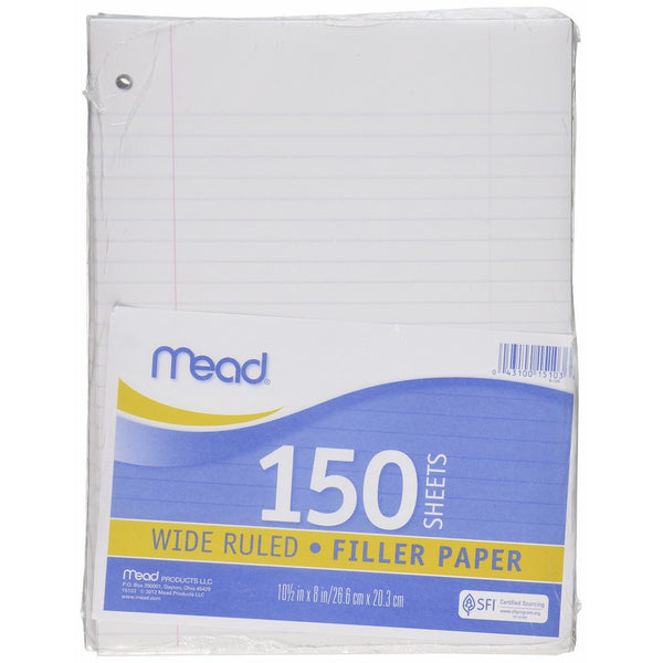 Mead Filler Paper, Loose Leaf Paper, Wide Ruled Paper, 150 Sheets, 10-1/2" x 8", White (15103)