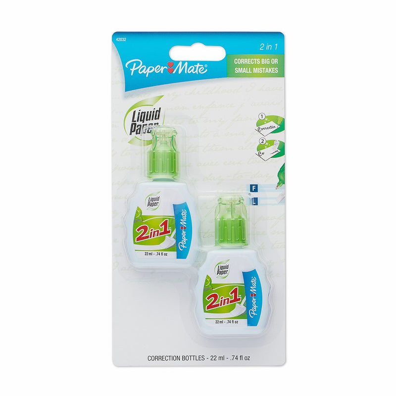 Paper Mate Liquid Paper 2 in 1 Correction Fluid, 22ml, 2 Count