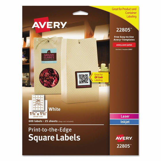Avery Easy Peel, Print-To-The-Edge, Permanent White Square Labels, True Block, 1.5" x 1.5",Pack of 600 (22805)