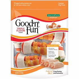 Good'n'Fun Rawhide Bones, Triple Flavor Chews, 6-Count