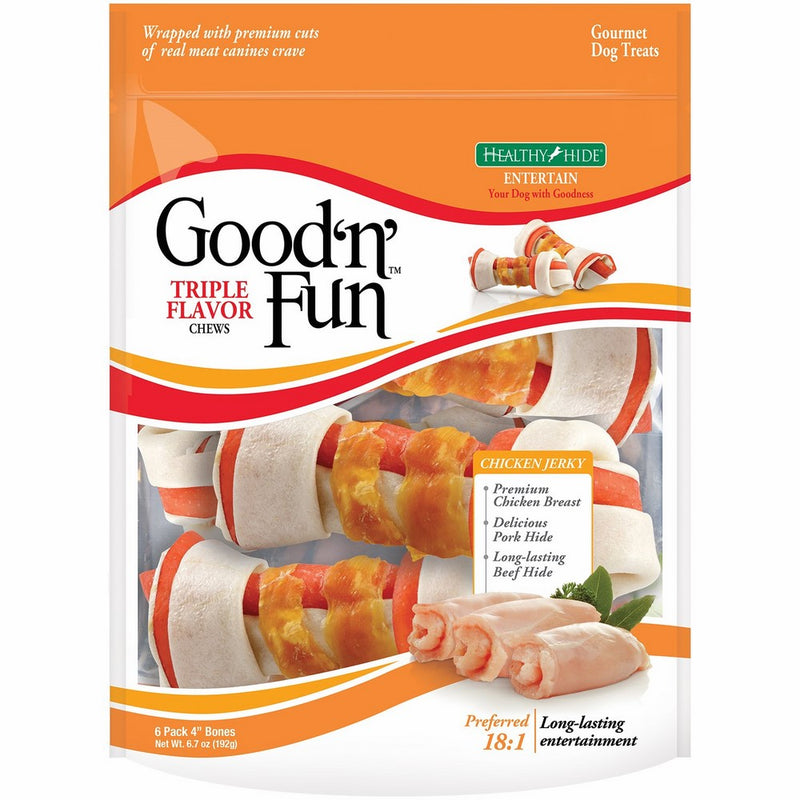 Good'n'Fun Rawhide Bones, Triple Flavor Chews, 6-Count