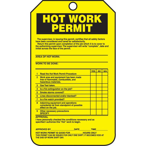 Accuform Signs TCS361CTP Hot Work Status Tag, Legend HOT WORK PERMIT (CHECKLIST), 5.75" Length x 3.25" Width x 0.010" Thickness, PF-Cardstock, Black on Yellow (Pack of 25)