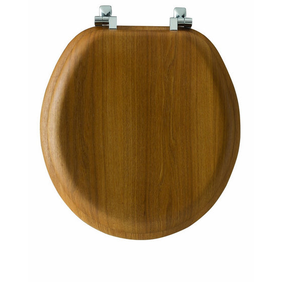 Mayfair Natural Reflections Toilet Seat with Chrome Hinges, Round, Natural Oak Veneer, 9601CP 378