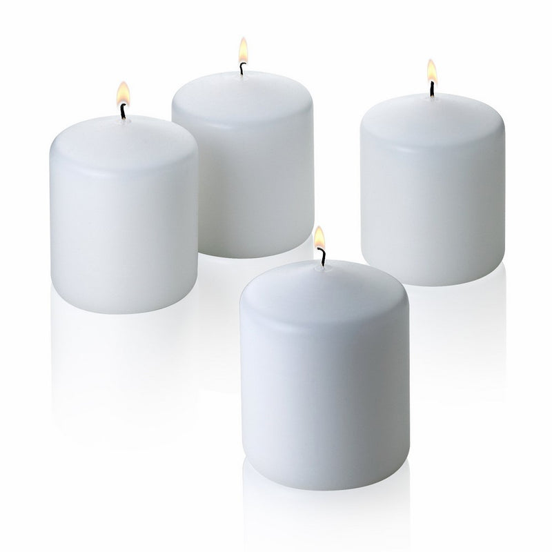 Light In the Dark White Pillar Candles - Set of 4 Unscented Candles - 3 inch Tall, 3 inch Thick - 50 hour Clean Burn Time