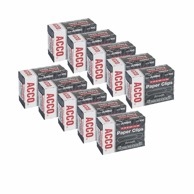 ACCO Premium Jumbo Paper Clips, Smooth Finish, 100 Paper Clips Per Box, Pack of 10 Boxes(72500)
