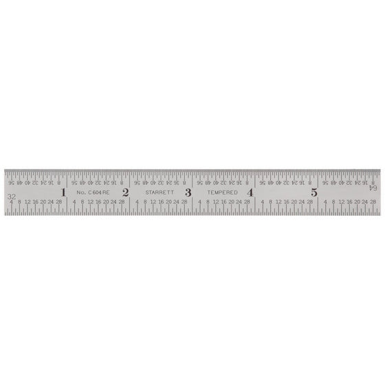 Starrett C604RE-6 Spring Tempered Steel Rule With Inch Graduations, 6" Length, 3/4" Width, 3/64" Thickness