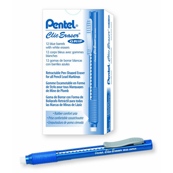 Pentel Clic Eraser Grip, Retractable Eraser, Blue Barrel, Box of 12 (ZE22C)