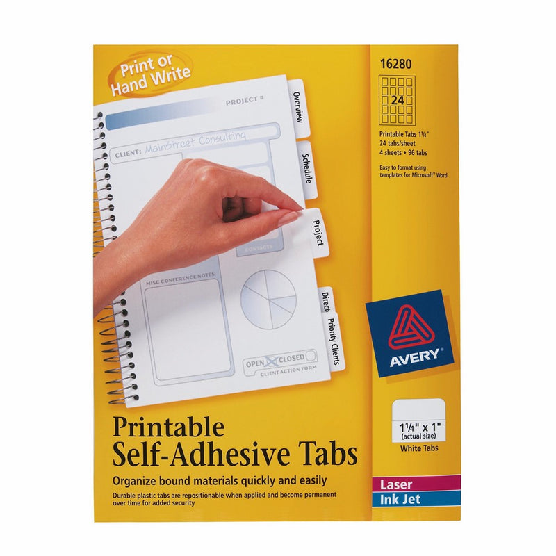 Avery Printable Repositionable Plastic Tabs, 1.25 Inches, White, 96 per Pack (16280)