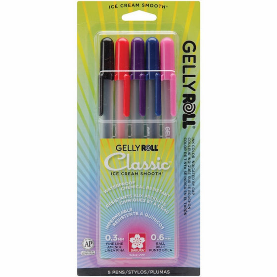 Sakura 37379 5-Piece Gelly Roll Blister Card Gel Ink Pen Set, Fine Point, Assorted Colors