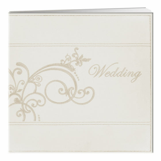 Pioneer 12-Inch by 12-Inch Postbound Embroidered Scroll and "Wedding" Sewn Leatherette Cover Memory Book, Ivory