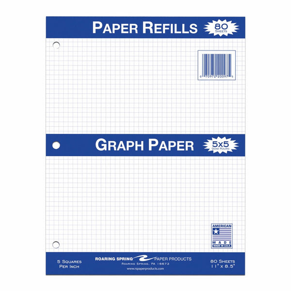 Roaring Spring Quad Filler Paper, 11" x 8.5", 5x5 Graph Ruled, 80 sheets