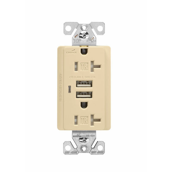 Eaton TR7746V-BOX Combination USB Charger with Tamper Resistant Receptacle and Box, 20-Amp, Ivory Finish