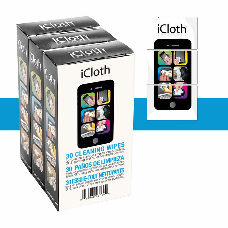 iCloth Lens and Screen Cleaner | 3 x 30 pack bundle (each wipe 9cm x 13cm - 1 ml fill) For use on Laptop and Desktop Screens, Touchscreen Monitors, Automotive Displays, Aviation Displays and more