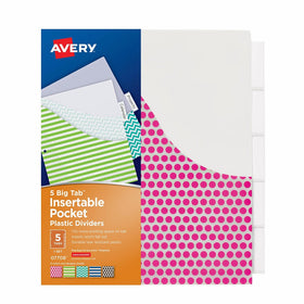 Avery Big Tab Insertable Plastic Dividers with Pockets, 5 Tabs, 1 Set, Assorted Fashion Designs (07708)