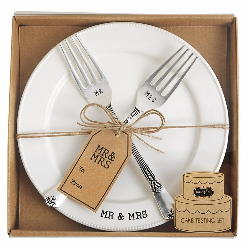 Mud Pie Mr. & Mrs. Plate & Fork Set, White