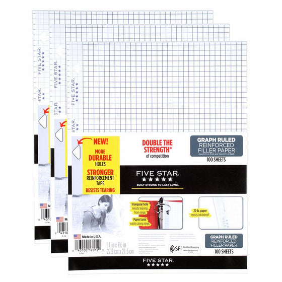 Five Star Loose Leaf Paper, 3 Hole Punched, Reinforced Filler Paper, Graph Ruled, 11" x 8-1/2", 100 Sheets/Pack, 3 Pack (38034)