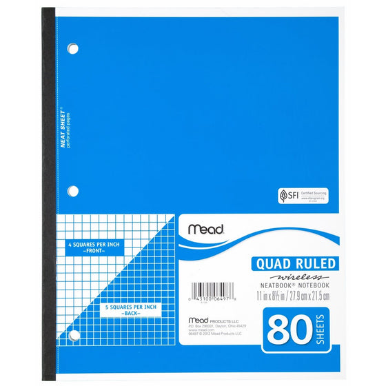 Mead Notebook, Wireless, 1 Subject, Quad Ruled, 8-1/2" x 11", 80 Sheets, Neatbook, Assorted Colors, Color Will Vary (06497)