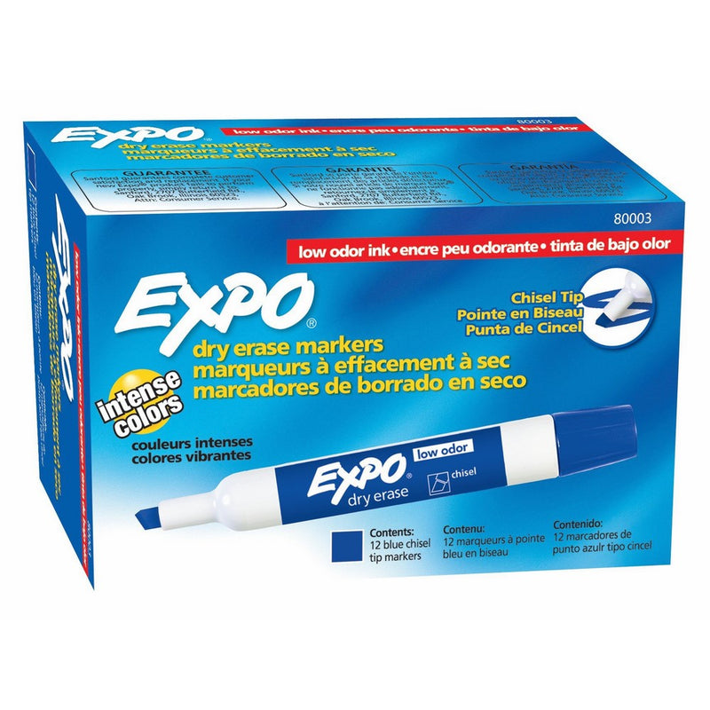 EXPO 80003 Low-Odor Dry Erase Markers, Chisel Tip, Blue, 12-Count