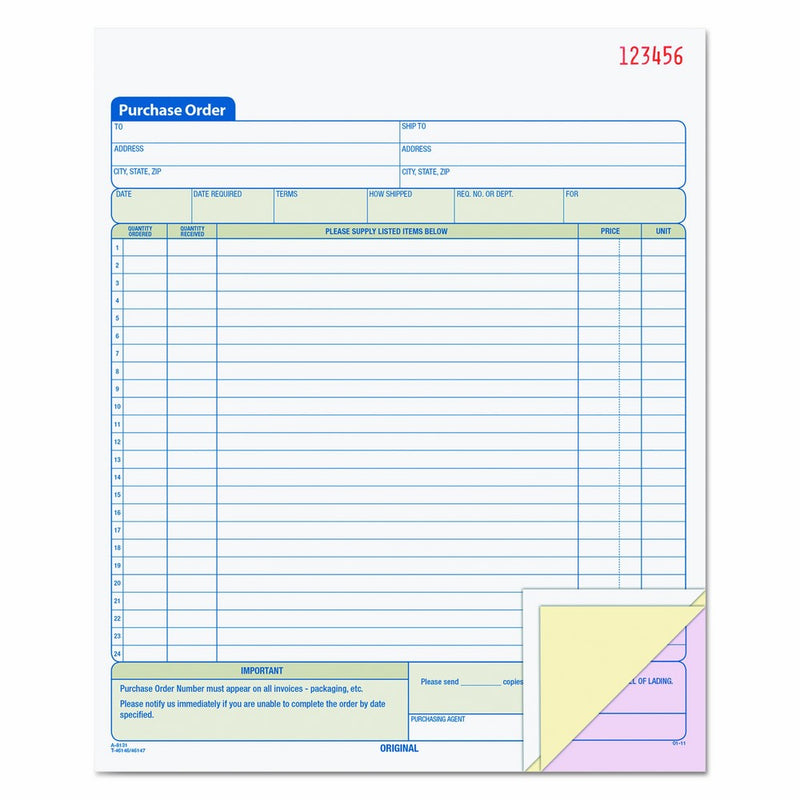 TOPS Purchase Order Book, 3-Part, Carbonless, 8-3/8 x 10-3/16 Inches, 50 Sets per Book (46147)