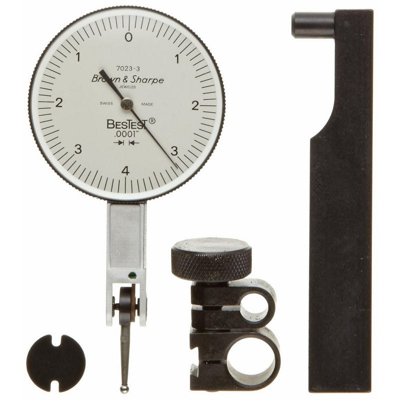 Brown & Sharpe 599-7023-3 Dial Test Indicator Set, Top Mounted, M1.4x0.3 Thread, White Dial, 0-4-0 Reading, 1.5" Dial Dia, 0-0.008 Range, 0.0001" Graduation, -0.0001" Accuracy