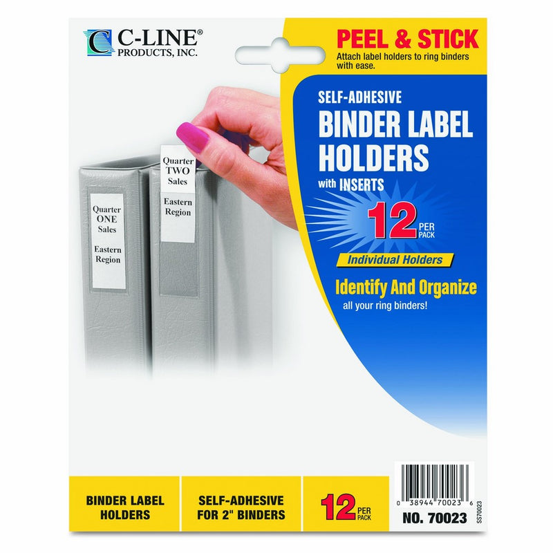 C-Line Self-Adhesive Binder Label Holders for 2" Ring Binders, 2-5/16; x 3-1/16, 12 per Pack (70023)