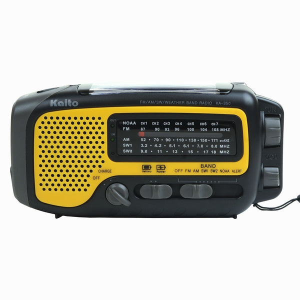 Kaito KA350YLW Voyager Trek Solar/Crank AM/FM/SW NOAA Weather Radio with 5-LED Flashlight, Yellow