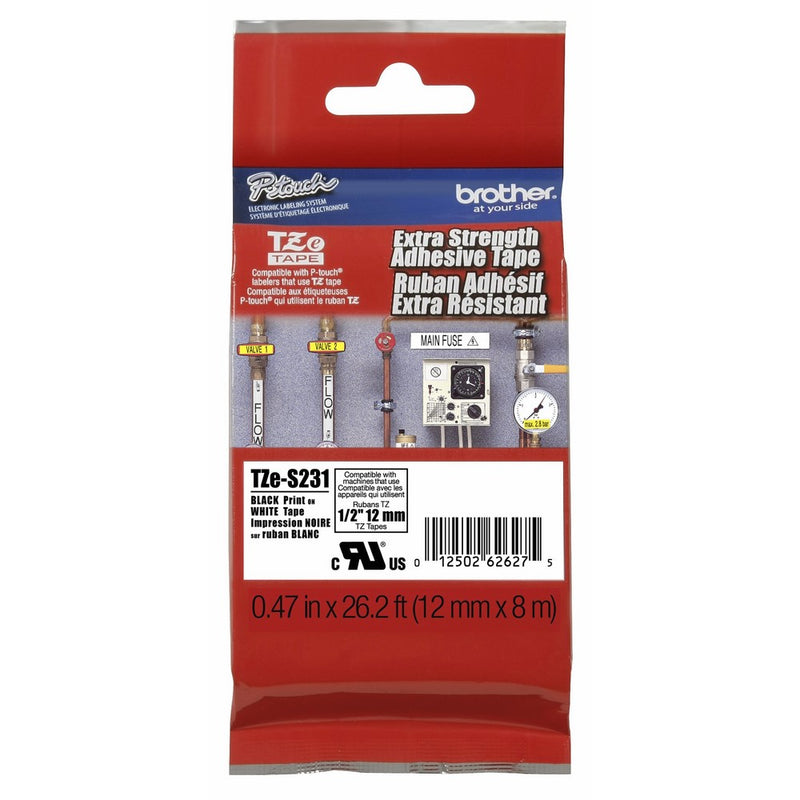 Brother extra strength Tape, Black on White, 12mm (TZeS231)