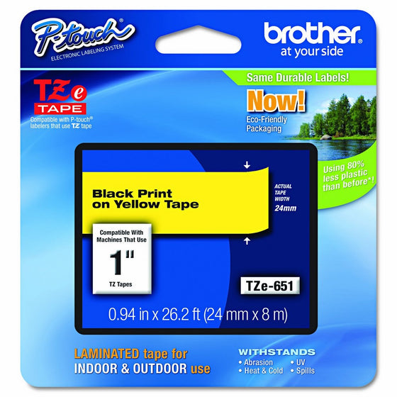 Brother Laminated Tape Black on Yellow, 24mm (TZe651) - Retail Packaging