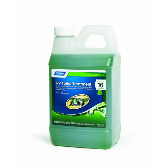 Camco TST Fresh Scent RV Toilet Treatment, Formaldehyde Free, Breaks Down Waste And Tissue, Septic Tank Safe, Treats up to 16-40 Gallon Holding Tanks (64 Ounce Bottle)
