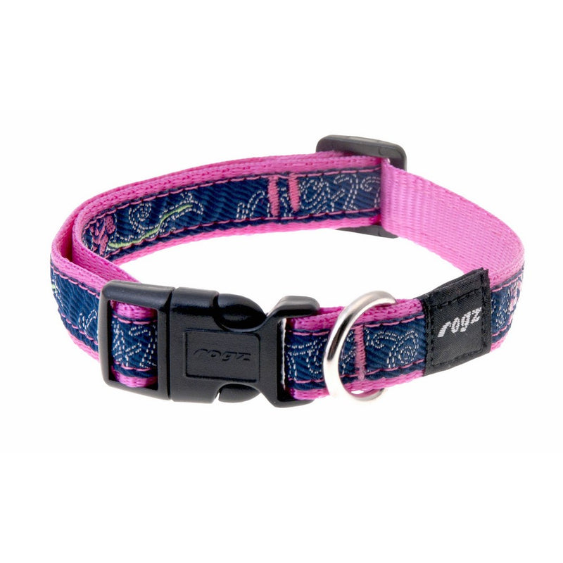 Rogz Fancy Dress Medium 5/8" Scooter Side-Release Fashion Dog Collar, Denim Rose Design