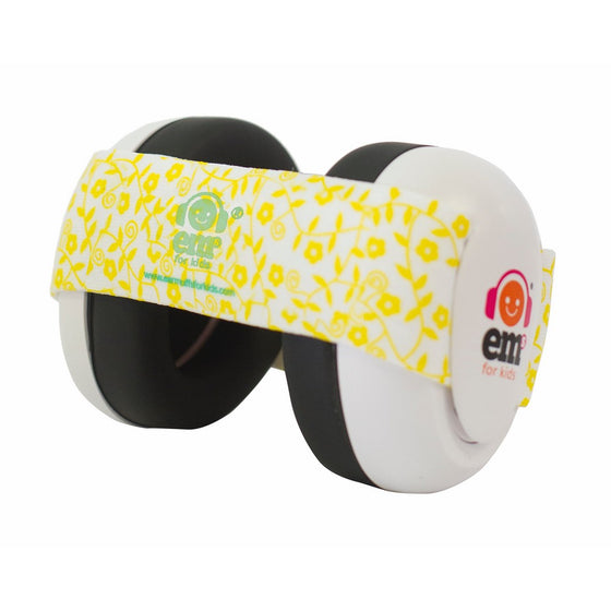 Ems for Kids Baby Earmuffs - White with Lemon Floral. The original baby earmuffs, NOW MADE IN THE USA! Great for concerts, music festivals, planes, NASCAR, motor racing, power tools and MORE!