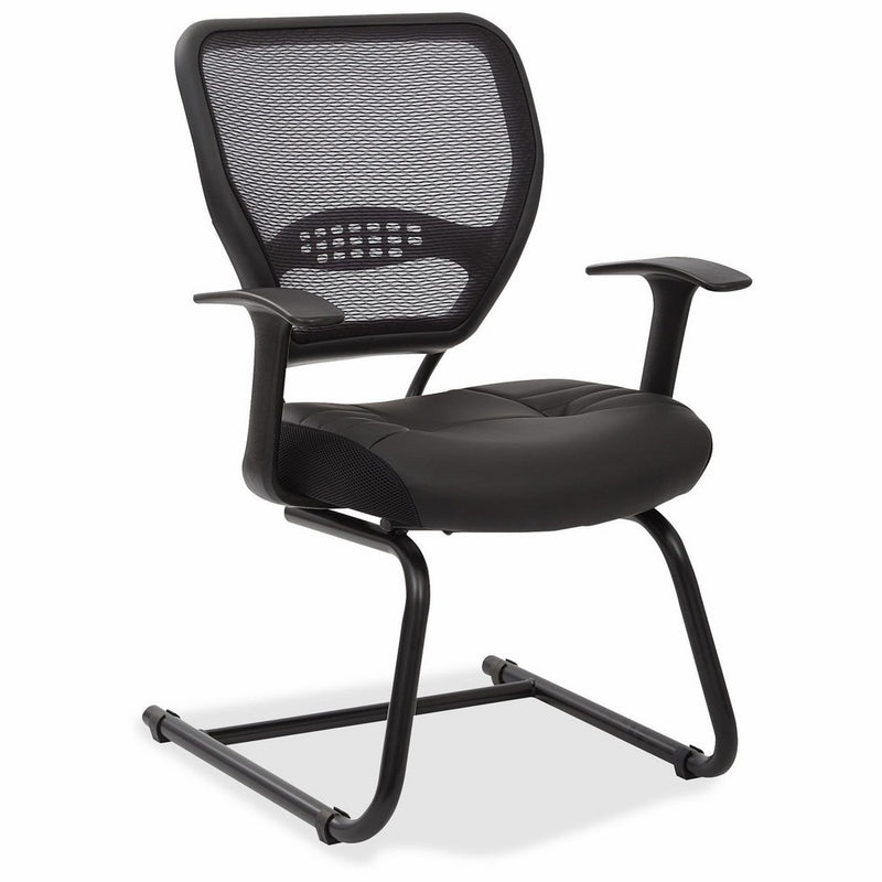 SPACE Seating Professional AirGrid Dark Back and Padded Black Eco Leather Seat, Fixed Arms and Lumbar Support Sled Base Visitors Chair