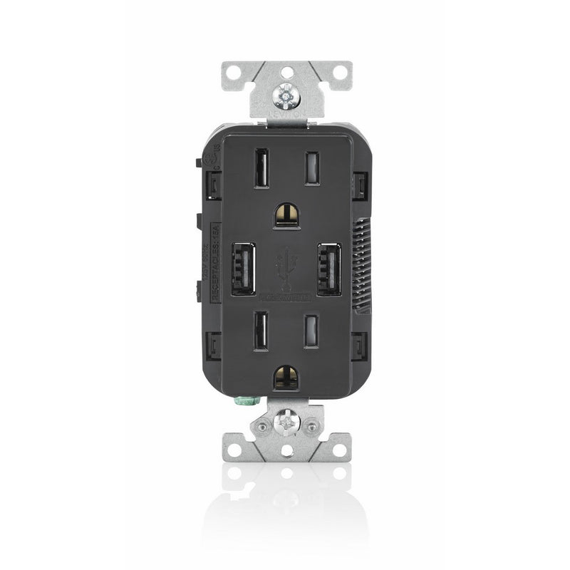 Leviton T5632-E 15-Amp USB Charger/Tamper Resistant Duplex Receptacle, Black