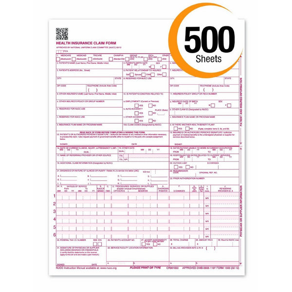 CMS 1500 Claim Forms "NEW" HCFA (Version 02/12) - Health Insurance ...
