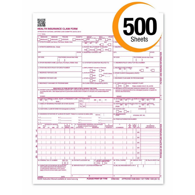 CMS 1500 Claim Forms "NEW" HCFA (Version 02/12) - Health Insurance, Laser Cut Sheet - 500 Sheets