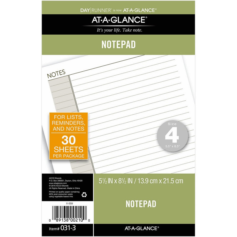 AT-A-GLANCE Day Runner Notepad Refill, 5-1/2 x 8-1/2", Undated, Lined Note Pad (031-3)
