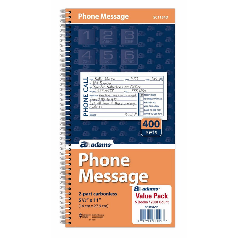 Adams Message Book/Phone Call, Carbonless Duplicate, 5.50 x 11 Inches, 400 Sets per Book (SC1154D)(5-pack of books)